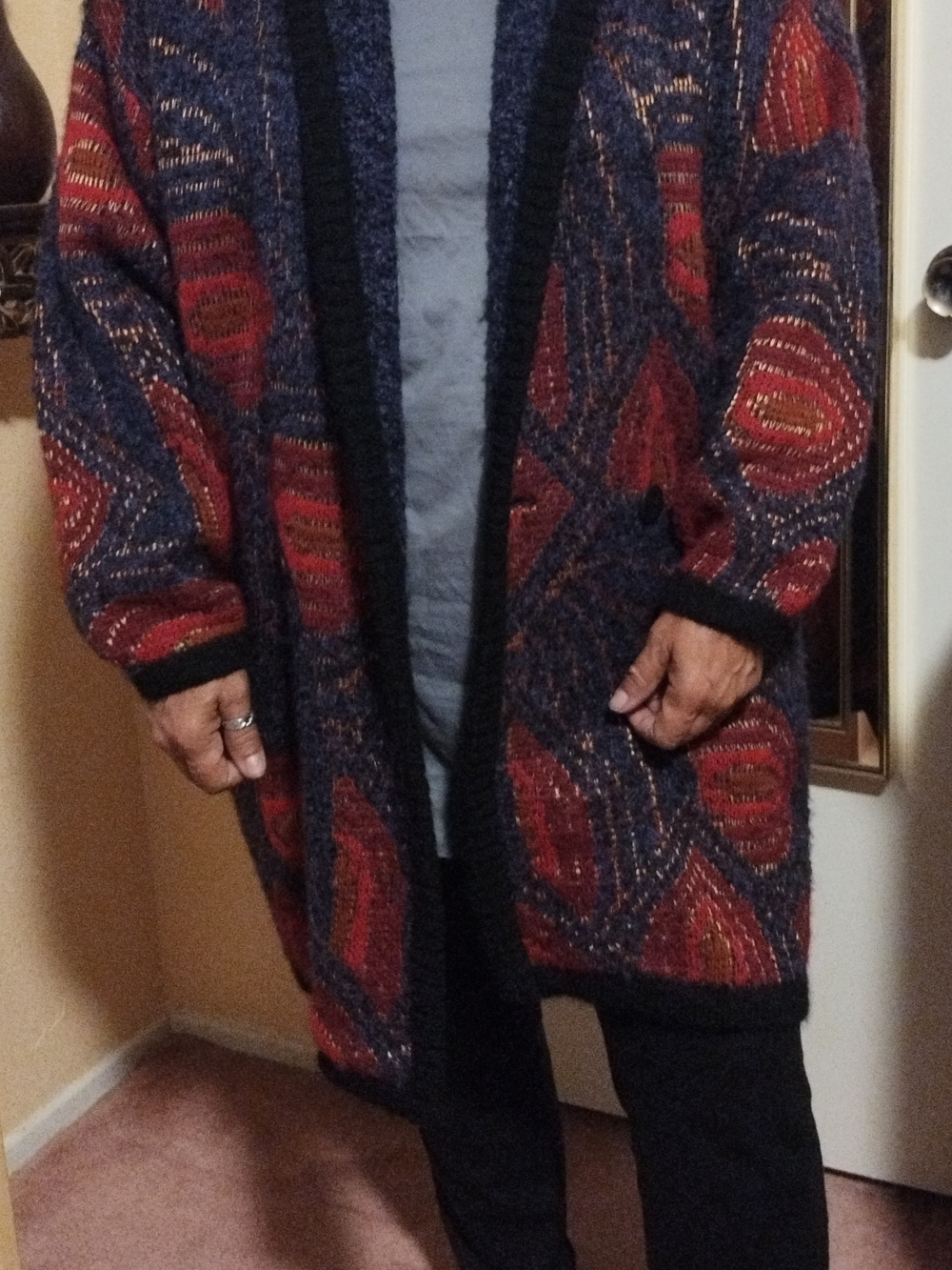 Vintage Cervelle Long Cardigan Sweater Coat Size L – Wool Blend Abstract Boho